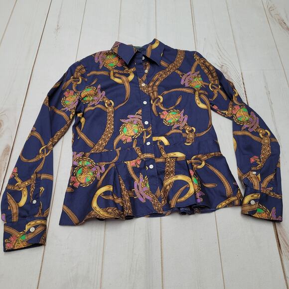 Vintage Lauren Ralph Lauren equestrian pleated button down top bridle bit gold - Picture 1 of 10